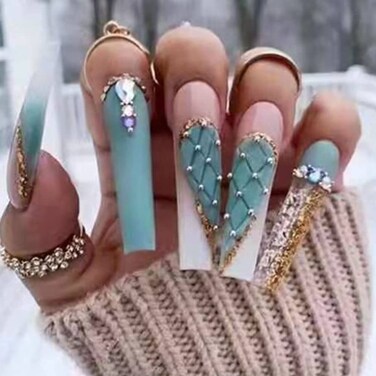 Luxury Blue Fake Nails Coffin Long Press on Nails Acrylics Full Cover Rhinestones False Nails Tips for Women and Girls 24PCS