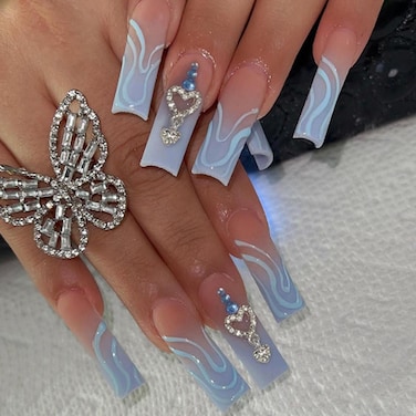 Diamond Inlaid Manicure French Press on Nails Gradient Fake Nails Long Coffin False Nails Acrylics Full Cover Tips for Women and Girls 24PCS