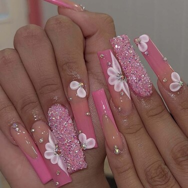 Long Rose Nails Tips Glitter French False Nails Square Press on Nails Daisy Full Cover Ballerina Fake Nails for Women and Girls 24PCS