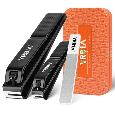 Nail Clippers with Glass Nail File, YRBIA Ultra Sharp Nail Clipper Set, Professional Fingernail &amp; Toenail Clippers Nail Cutter for Men and Women (Black_Exclusive Tin Box)