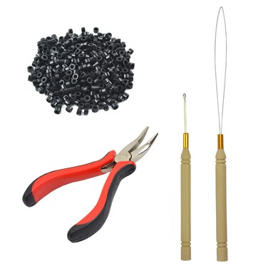 Hair Extensions Tool Kits Hair Extension Pliers Pulling Hook Needle Loop Threader 500 Pcs Micro Silicone Rings Hair Beads for Hair Styling Accessory (Black)
