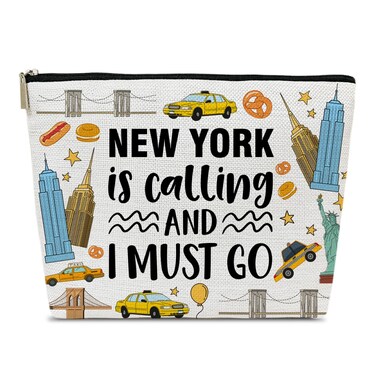Funny New York Trip Makeup Bag, City Themed Gifts Favors, New York Is Calling And I Must Go, Travel Lover Gifts For Women Her, Travel Cosmetic Bag For Holiday Trip Vacation