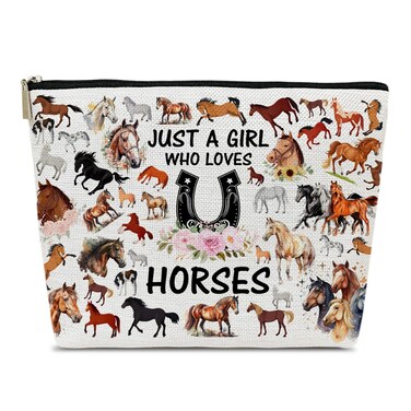 Horse Makeup Bag Gift For Animal Lover, Pet Stuff Merch Cosmetic Pouch, Funny Birthday Christmas Gift For Pet Owner Sister Bestie Bff, Just A Girl Who Loves Horses