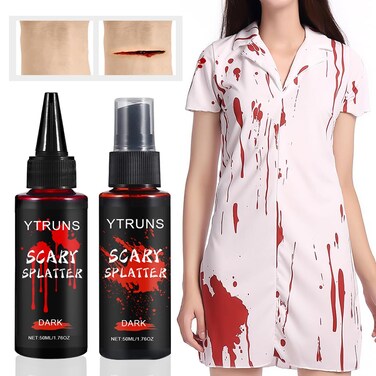Halloween Fake Blood Makeup Kit, 1.76 oz Fake Blood Spray, 1.76 oz Dripping Blood, Realistic Washable SFX