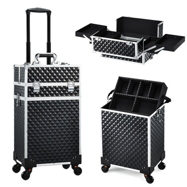Makeup Case on Wheels, 3 in 1 Rolling Makeup Train Case, Cosmetology Case on Wheels, Large Makeup Trolley suitcase for Salon Barber Traveling School Nail Tech Hairstylist MUA, Black