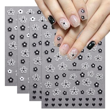 4 Sheets Embossed Flower Nail Art Stickers Flower Nail Decals 5D Self Adhesive Black and White Floral Nails Design Stickers Jelly Nail Supplies for Women and Girls Acrylic Manicure Decoration