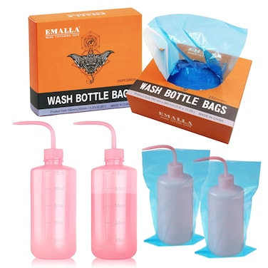 Yugui Wash Bottle and Wash Bottle Bag 2pcs 500ml Tattoo Squeeze Bottles with 250pcs Disposable Tattoo Bottle Bags Covers Sleeves Water Squirt Bottle Plastic Squeeze Washing Bottle for Medical Lab