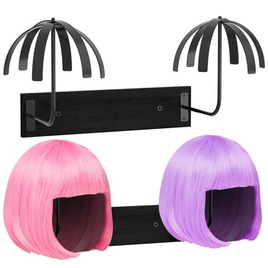 Wig Stand for Multiple Wigs, Upgraded Wall Mounted Wig Holder, 4 Pcs Wig Head Stand for Wig Display and Storage, Durable Wig Hanger, Cosplay, Hats, Bags (Carbon Steel and Wood)
