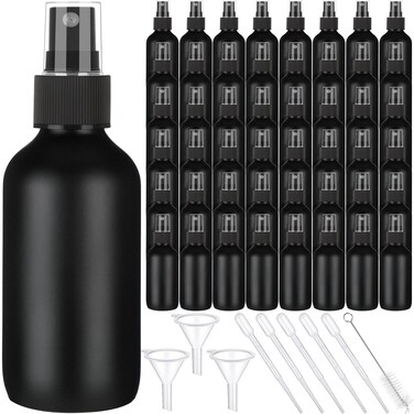 Yungyan 100 Pcs 4 oz Mini Glass Spray Bottles Empty Small Essential Oil Bottles Fine Mist with 3 Funnel 5 Dropper Cleaning Brush for Hair Travel Plants Perfumes(Black)