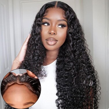Yuzhou Grace 5x5 HD Lace Closure Wigs Human Hair Glueless Wigs Human Hair Pre Plucked Pre Cut Ready To Wear Deep Wave Curly Glueless Wig Human Hair 250 Density with Baby Hair Natural Hairline(26inch)
