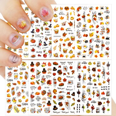 Thanksgiving Nail Stickers, 8 Sheets Thanksgiving Nail Decals, Autumn Stickers, Holiday Nail Decals, Maple Leaf Pumpkin Turkey, Nail Art Stickers for Women Girls Kids DIY Thanksgiving Day Decorations