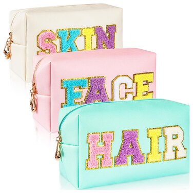 ZAUGONTW 3 Pcs Preppy Patch Makeup Bag Chenille Letter Bag, PU Leather Waterproof Toiletry Bag Hair Bag with Nylon Zipper Patches Makeup Organizer Bag Set for Women