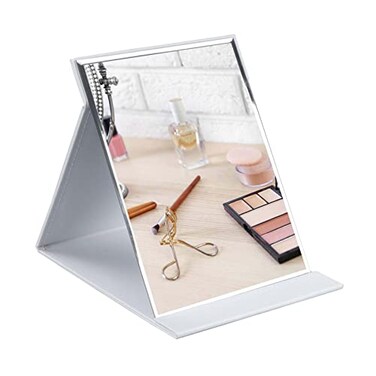 ZBEIVAN 10x7 Inches Portable Folding Makeup Mirror, Frameless PU Leather Desk Mirror with Stand for Camping Travel Tabletop Personal, White