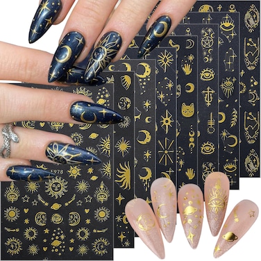 8 Sheets Sun Star Nail Art Stickers Moon Nail Stickers 3D Self-Adhesive Snake Nail Decals Gold Star Sun Space Moon Designs Nail Art Supplies for Women Girls Acrylic Decorations Salon Accessories
