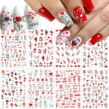 Valentine's Day Nail Art Stickers 8 Sheets Red Heart Nail Stickers Bear Couple Cute Valentines Day Romantic Nail Designs Nail Art Supplies Cute Love Nail Decals for Women Acrylic Manicure Decorations