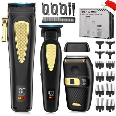 Cordless Barber Hair Clippers Trimmer Electric Shaver Set for Men,Professional Hair Cutting Kit &amp; Zero Gap T-Blade Trimmer &amp; 7500 RPM Foil Shaver with LCD Display,Mens Gift