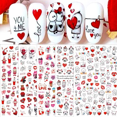 Valentine's Day Nail Art Stickers 3D Self-Adhesive Gold Love Heart Cupid Lips Black Swan High Heels Nail Design Stickers for Women Girls DIY Valentine's Day Manicure Decoration Accessories 6 Sheets