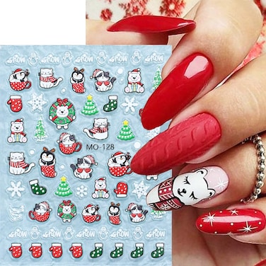 Christmas Nail Art Stickers Cartoon Cute Penguin Cat Bear Christmas Tree Christmas Socks Decals Sticker Decor Nail Decals Self-Adhesive Christmas Nail Decoration New Years Nail Stickers 3 Sheets