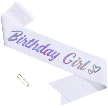 'Birthday Girl' Sash White with Pearl Safety Pin - White Glitter Sash for Women - Happy Birthday Sash for Birthday Party