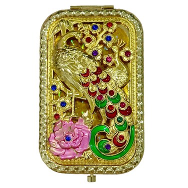 1PC Vintage Peacock with Long Tail Pattern Cosmetic Makeup Pocket Purse Magnification Jewel Mirror （Rectangle）