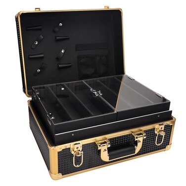 Makuep Train Case,Extra Large See-Through 6 Trays Makeup Box Travel Case Professional Cosmetic Storage for Makeup Artist, Nail Tech, Hairstylists Salon Barber Case PRO Golden(Golden)