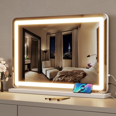 ZL ZELing Vanity Mirror with Lights 32" x 23" LED Makeup Mirror with Lights, Dimmable 3-Color Lighting and 5X Magnification Mirror, Touch Screen Control, Wall-Mountable and Tabletop Design