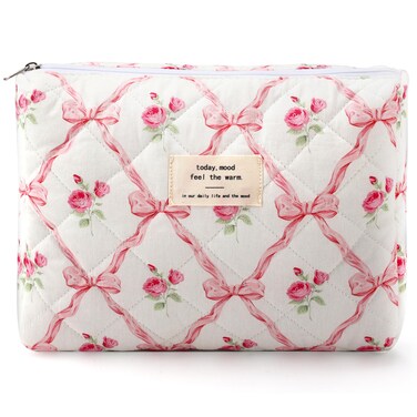 Floral Makeup Bag Cotton Quilted Pink Bow Aesthetic Cosmetic Bag for Women Girls Cute Coquette Flower Makeup Pouch for Purse Large Trendy Travel Toiletry Bag Portable Zipper Cloth Skincare Bag