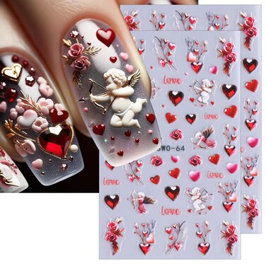 2 Sheets Cupid Nail Stickers Embossed Heart Nail Art Stickers Romantic Valentine's Day Nail Decals 5D Self-Adhesive Angel Nail Design Stickers Valentines Nail Decoration for Women Girls Nail Art