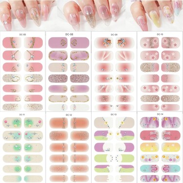 8 Sheets Full Wrap Nail Stickers Star Nail Polish Strips Colorful Gradient Design Stickers Glitter Foil Rhinestones Self-Adhesive Nail Wraps Stickers Gold Line Heart Nail Gel Strips Women Decoration
