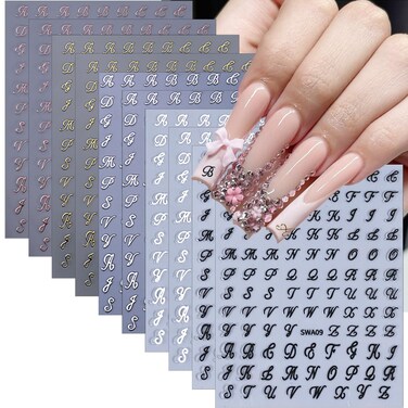 10 Sheets Retro English Letters Nail Stickers 3D Self-Adhesive Black White Gold Silver Letter Nail Art Stickers Old Alphabet Nail Decals for Nail Art,Letters Nail Design Stickers for Women Nail Decor