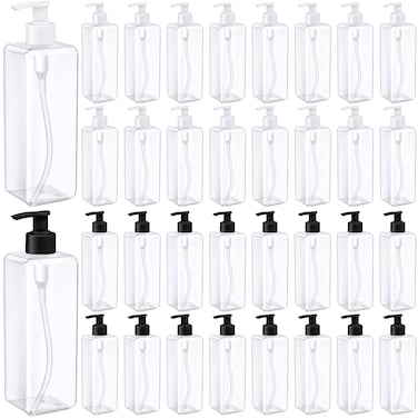 Zubebe 32 Pcs 16 oz Empty Plastic Pump Bottles Lotion Bottles with Black White Pumps Clear Square Lotion Dispenser Refillable Shampoo Container for Massage Oil Liquid Soap Face Cream Moisturizer