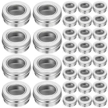 100 Pcs Aluminum Tin Jar Refillable Containers Clear Top Screw Lid Round Tin Container Bottle for Cosmetic, Cream, Diamond Painting, Salves, Balms, Lip Balm, Spices or Others, Silver (1 oz)