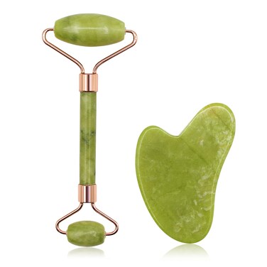 Jade Roller for Face and Gua Sha Facial Tools Set, Natural Stone Beauty Skin Care Kit, Face Scraping Maasage Rolling to Reduce Puffiness and Improve Wrinkles for Neck &amp; Eyes - Green