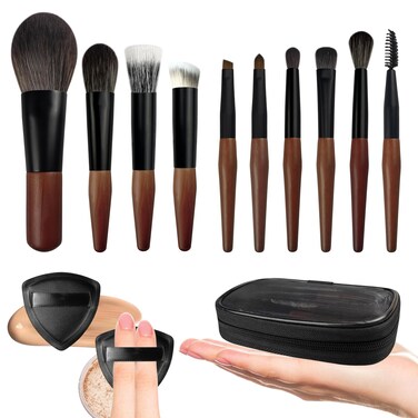 Travel Makeup Brush Set with Case, Mini Makeup Brushes Set for Powder, Foundation, Eyeshadow, Lip, Highlight, Blush &amp; Concealer, 10 Pcs Travel Size Makeup Brushes &amp; 2Pcs Triangle Powder Puff