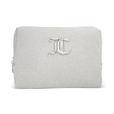 Juicy Couture Women's Cosmetics Bag - Travel Makeup and Toiletries Clutch Wedge Pouch, Silver Glitter