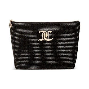 Juicy Couture Women's Cosmetics Bag - Travel Makeup and Toiletries Top Zip Wedge Pouch, Size One Size, Black, Metal Logo with Glitter Dots