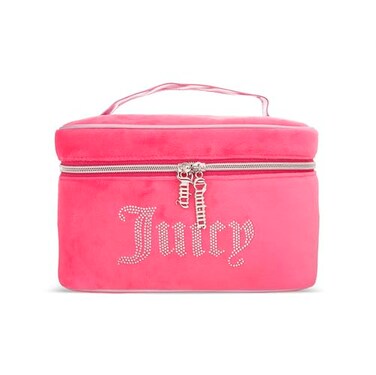 Juicy Couture Women's Cosmetics Bag - Travel Makeup and Toiletries Train Case Organizer, Size One Size, Pink Terry with Rhinestone Logo