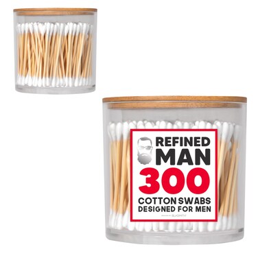 BLKSMITH Refined Man 300 Cotton Swabs for Hygiene with Acrylic Jar Organizer - Premium Cotton Swabs for Ears, Durable Wooden Cotton Swab Storage Solution - Designed for Men