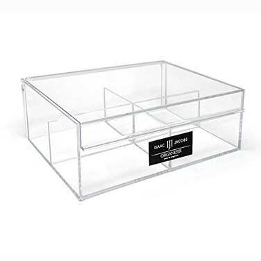 Isaac Jacobs 4-Compartment Clear Acrylic Organizer with Lid (6.7" L x 8.6" W x 3.4" H), Multi-Sectional Tray &amp; Storage Solution for Makeup, School &amp; Office Supplies &amp; More, for Bathroom, Kitchen