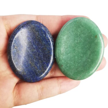 Lapis Lazuli and Green Aventurine Thumb Worry Stone, Stress Relax Healing Reiki Crystal Pocket Palm Stones,Pack of 2