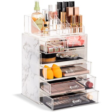 Sorbus Clear Cosmetic Makeup Organizer - Make Up &amp; Jewelry Storage, Case &amp; Display - Spacious Design - Great Holder for Dresser, Bathroom, Vanity &amp; Countertop (4 Large, 2 Small Drawers - Marble Print)