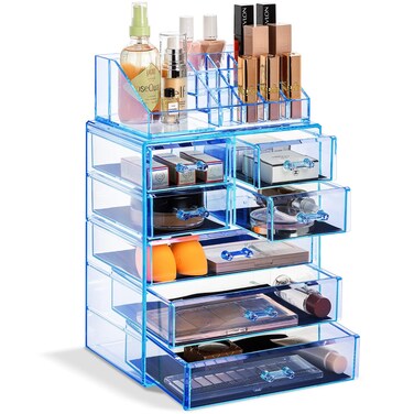 Sorbus Clear Cosmetic Makeup Organizer - Make Up &amp; Jewelry Storage, Case &amp; Display - Spacious Design - Great for Dresser, Bathroom, Vanity &amp; Countertop (3 Large, 4 Small Drawers) [Blue Brilliance]