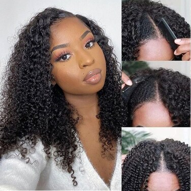 V Part Wig Human Hair For Black Women Upgrade U Part Wig Human Hair Kinky Curly Wig 100% Virgin Hair Glueless Wear and Go Wig Minimal Leave Out 200% Density (Kinky Curly, 16 Inch)