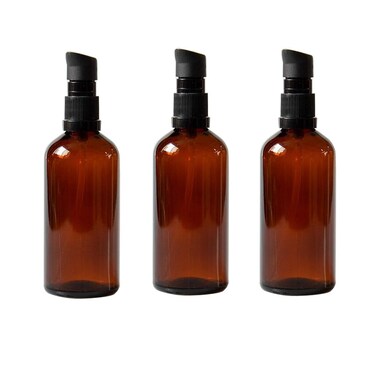3PCS 100ml / 3.34oz Empty Refillable Amber Glass Cosmetic Pump Press Lotion Bottles Makeup Sample Packing Cream Lotion Bath Shower Conditioner Storage Container Dispenser Vial Pot