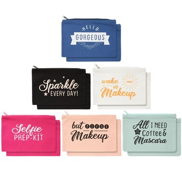 Glamlily 12-Pack Motivational Quote Canvas Bulk Makeup Bags with Zippers - 6x8 makeup bag for Women and Teens, Traveling, Work, Everyday Use (6 Designs)