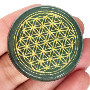 Natural Green Aventurine Flower of Life Engraved Healing Crystal Chakra Balancing and Positive Energy Generator Palm Pocket Stone