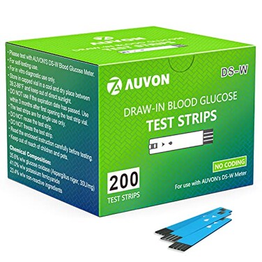 AUVON DS-W Draw-in Blood Glucose Test Strips for use with AUVON DS-W Diabetes Sugar Testing Meter (No Coding Required, 200 Count)