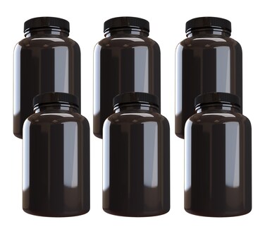 Company Plastic Pill Bottle (6 Pack) Dark Amber Container with Black Lid, 500cc Capacity