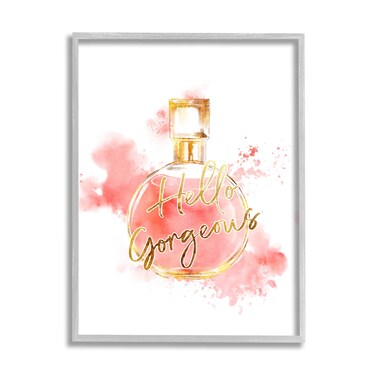 Stupell Industries Hello Gorgeous Fashion Cosmetic Perfume Bottle Pink Watercolor, Designed by Ziwei Li Gray Framed Wall Art, 24 x 30, White