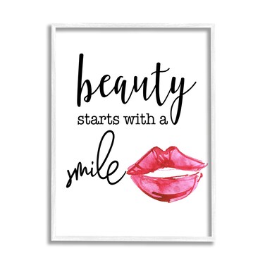 Stupell Industries Beauty Starts With Smiling Chic Lipstick Lips Design Framed Wall Art, Design By Daniela Santiago